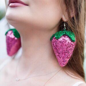DiscoFruits Plush Sparkly Sequin Statement Disco Strawberry Earrings Pink Green